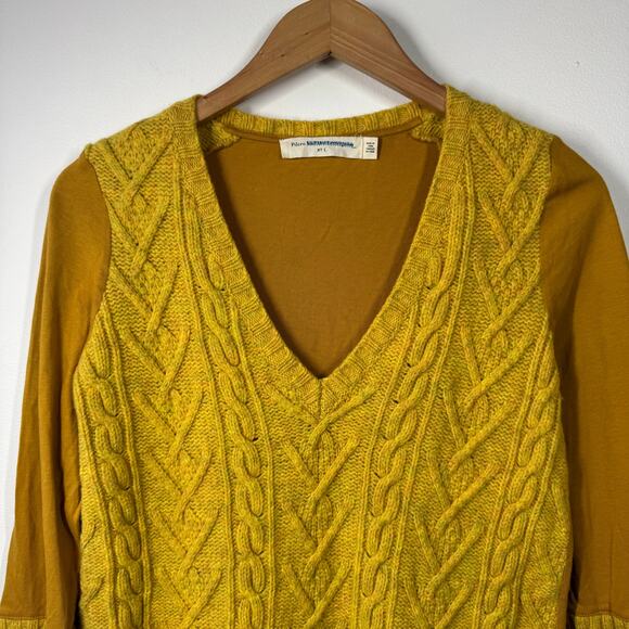 Anthropologie Pilcro Top L Yellow Cable Sweater Dually Clad Pullover Knit V-Neck - Picture 3 of 7